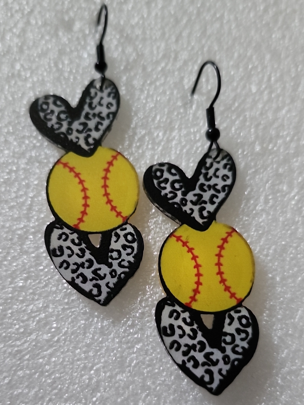 Hand Crafted Yellow Tennis Ball and Black Leopard Heart Dangle Earrings